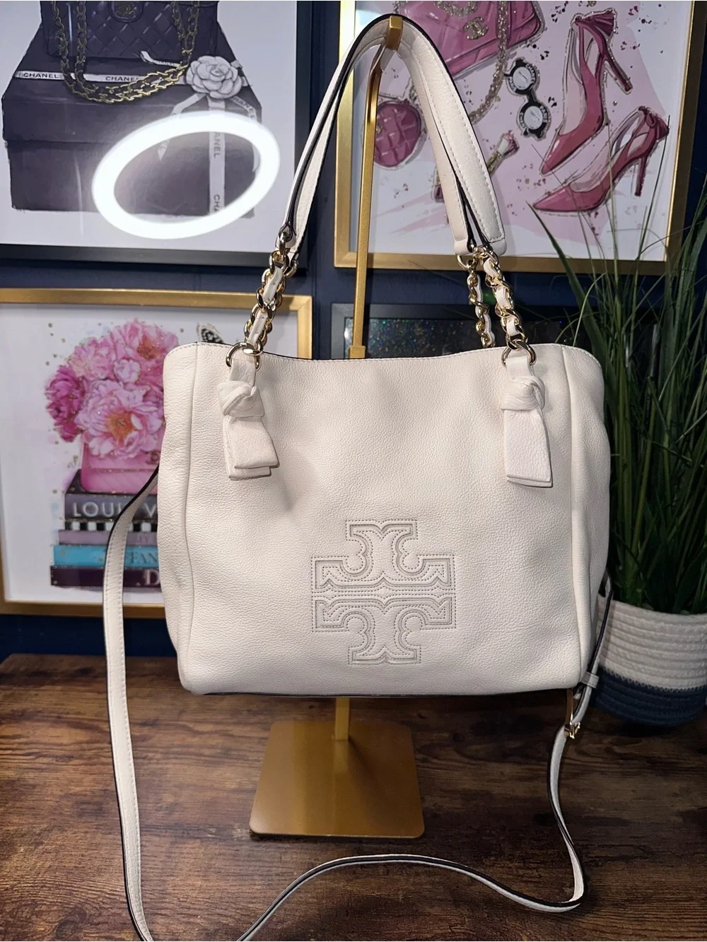 Tory Burch Harper Leather Satchel Ivory Cream Crossbody Bag